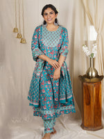 Swara Blue Handblock Kurta Suit Set with Pants and Dupatta (Set of 3)