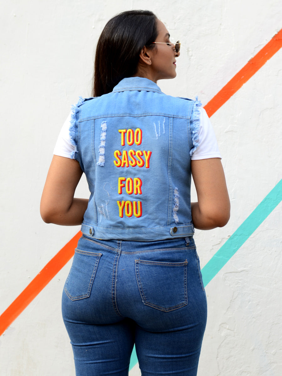 Too Sassy For You Sasswati Denim Jacket, a hand embroidered blue denim jacket from our latest designer collection of boho denim jackets for women online.