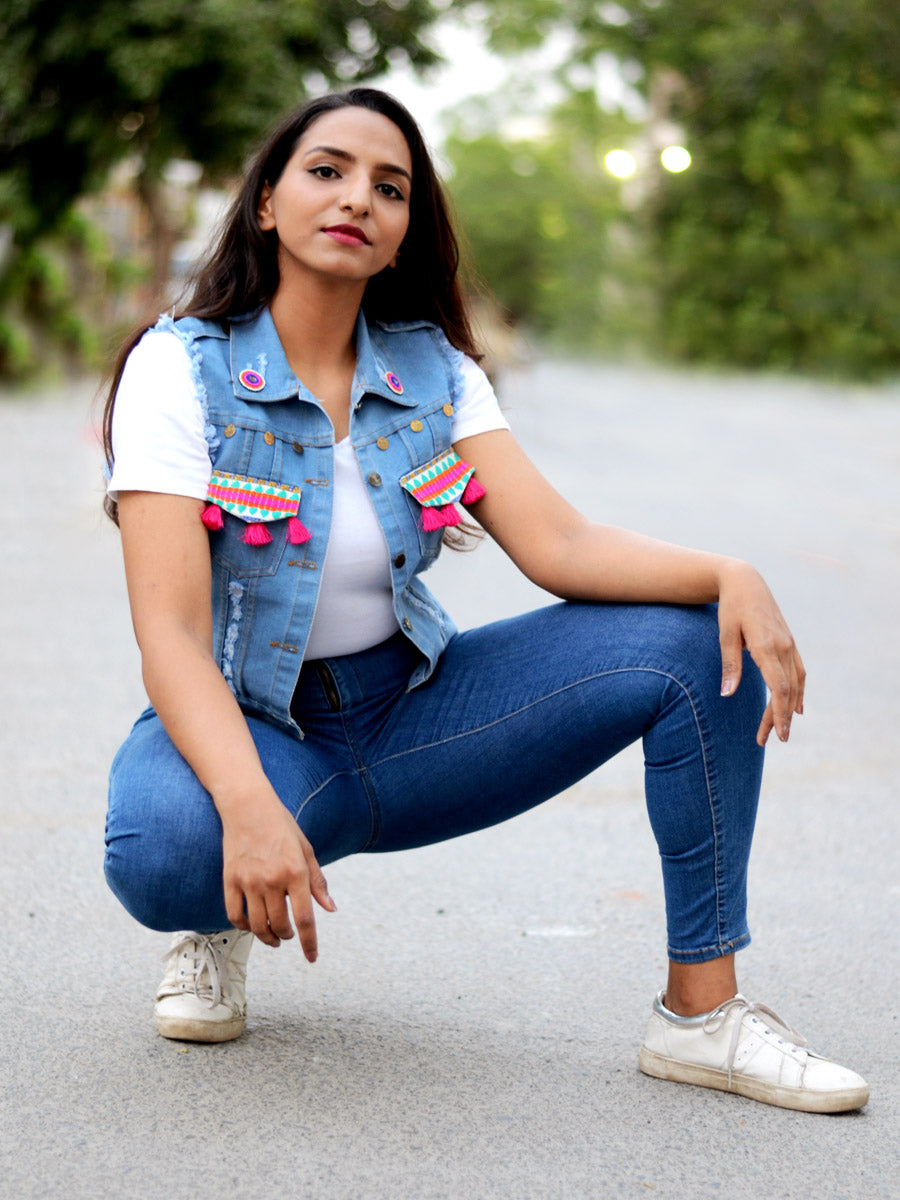 Who Run the World Sasswati Denim Jacket, a hand embroidered blue denim jacket from our latest designer collection of boho denim jackets for women online.