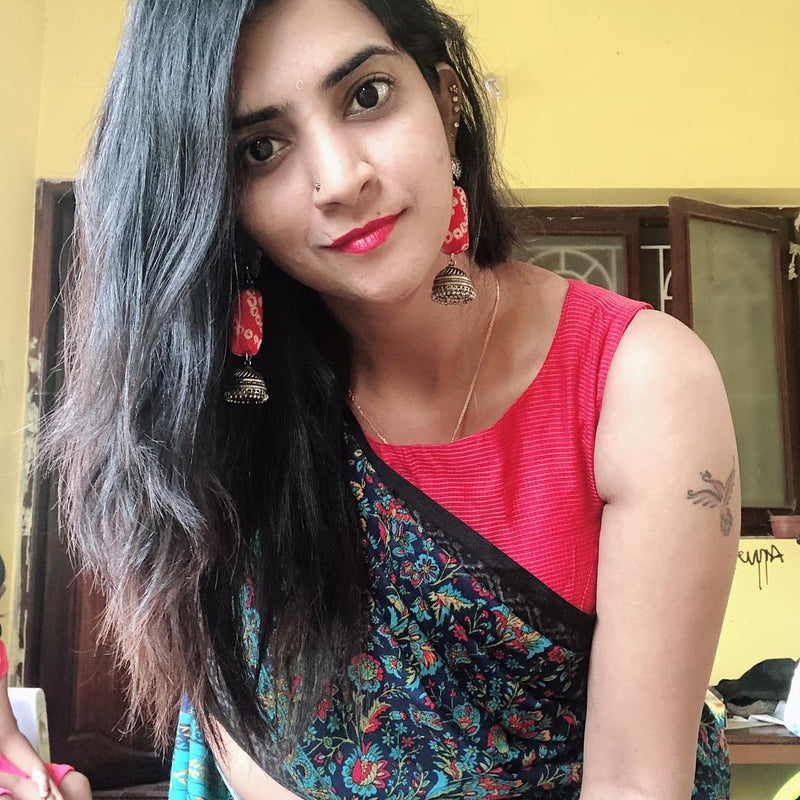 Bandhej Jhumka, a gorgeous Indian bohemian ethnic earring jhumka with peacock detail from our designer collection of earrings and jhumkas for women.