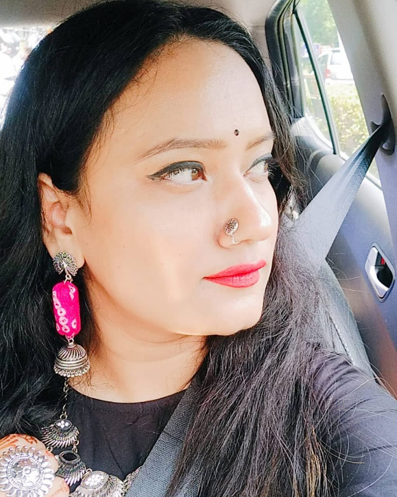 Bandhej Jhumka, a gorgeous Indian bohemian ethnic earring jhumka with peacock detail from our designer collection of earrings and jhumkas for women online.